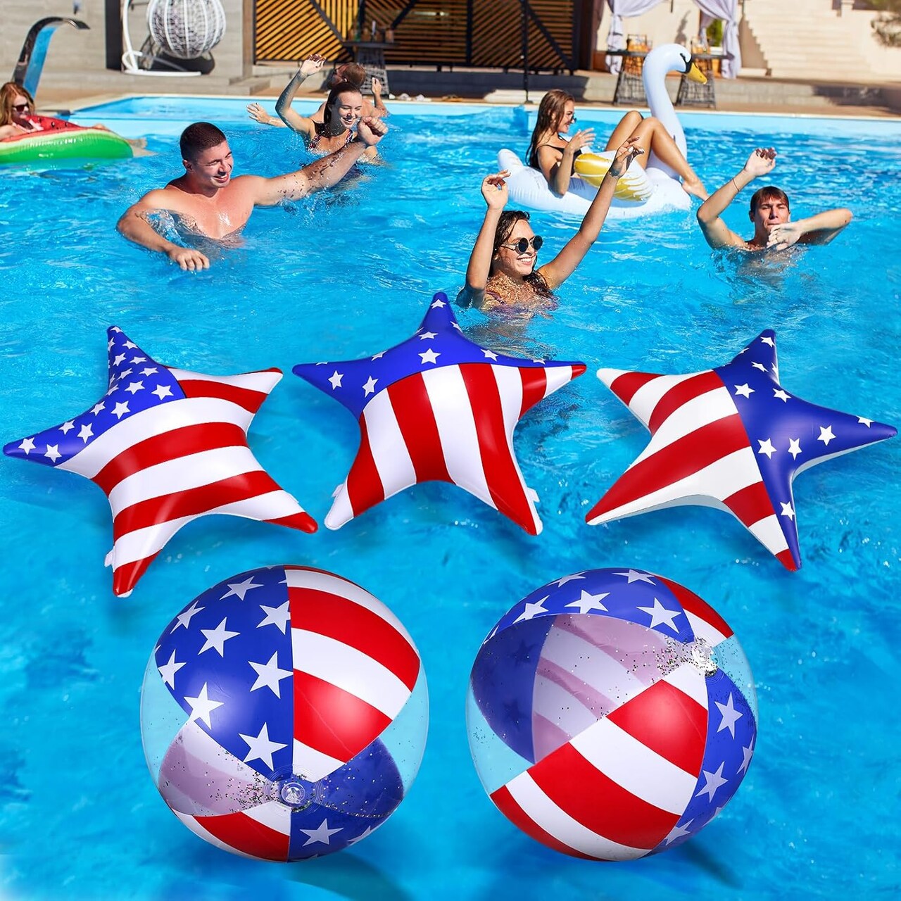 5 Pcs Inflatable 4th of July Pool Float USA 250th Anniversary American Flag Star Beach Balls Large 20'' Red White and Blue Inflatable Balls Independence Day Patriotic Decoration for Summer Pool